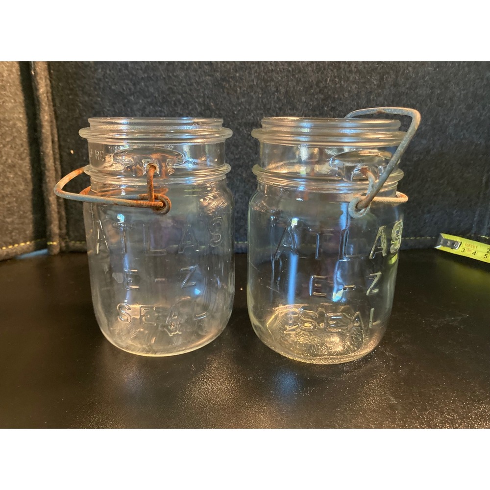 2 Vintage Style Atlas E-Z Seal Glass Canisters Wire Bail Closure Decorative Jars